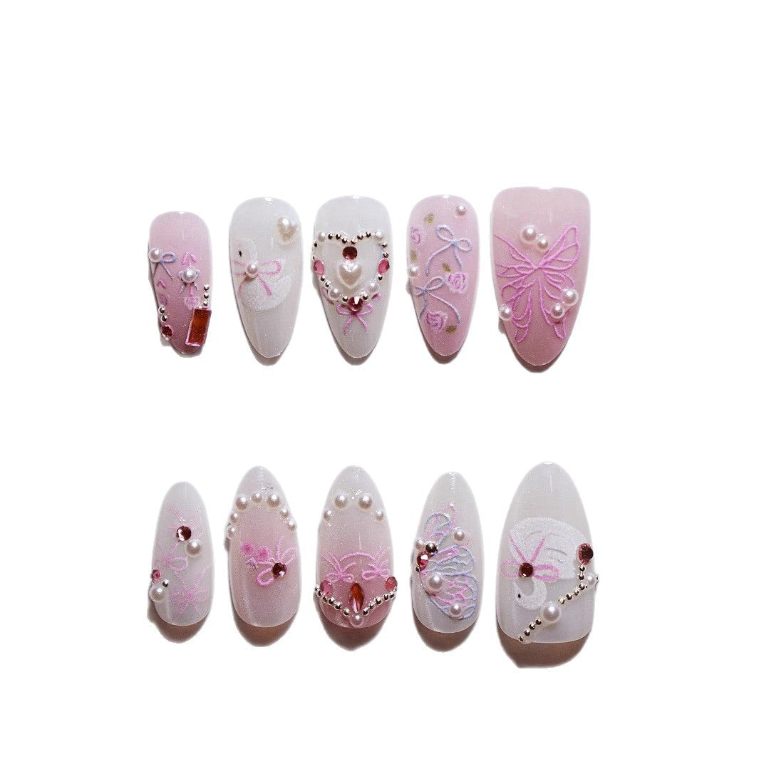Dekorative 3D Schleife und Perle Press-On Nagelkunst Brehn