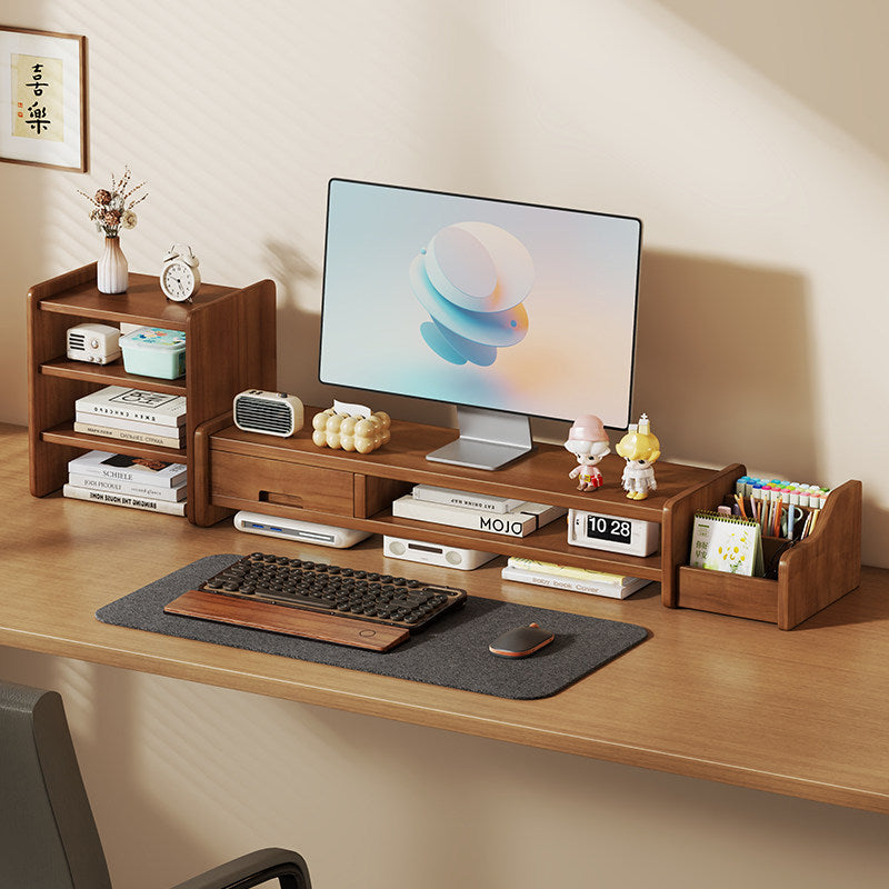 Massivholz-Monitorständer und Schreibtischorganizer mit zweistufigem Regal und Kabelmanagement