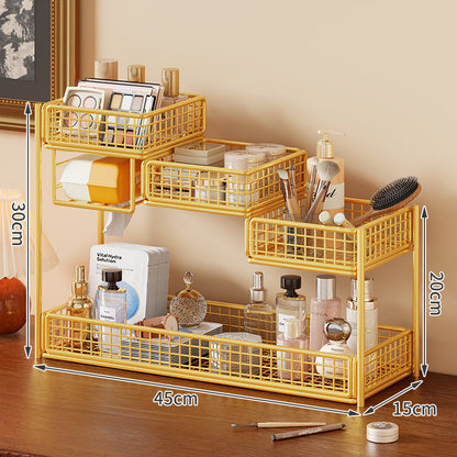 Multi-Tier Metallnetz Kosmetikorganizer mit Taschentuchhalter und verstellbaren Regalen