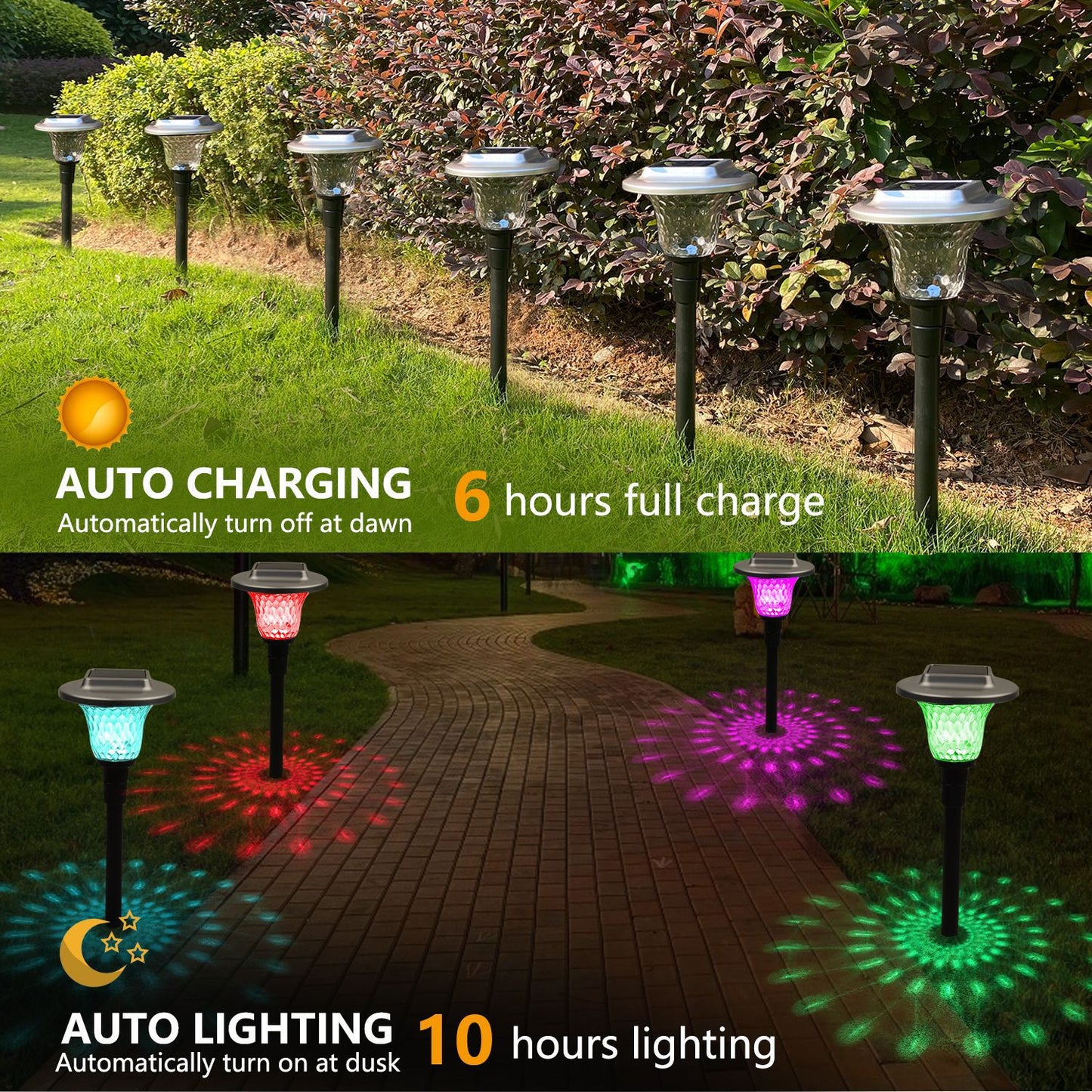 Solar-LED-Projektionsweg Stake Lights mit farbwechselndem Kristallobjektiv und Dämmerungs-zu-Dawn-Sensor Brehn