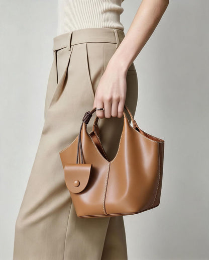 Kragend-Top Weiches Leder Bucket Tote mit Hängender Mini-Tasche