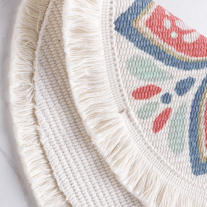 Runder flachgewebter Baumwoll-Teppich mit Mandala-Motiv und dekorativen Fransen Brehn