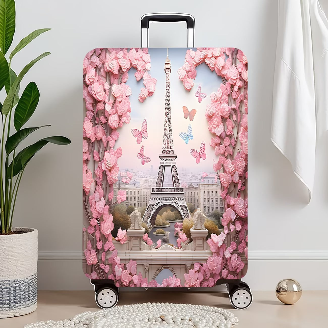 Unisex nan elastische Kofferhülle mit dreidimensionalem Blüten- und Schmetterlingsmotiv für Trolley mit Reißverschluss und rutschfester Innenbefestigung Brehn