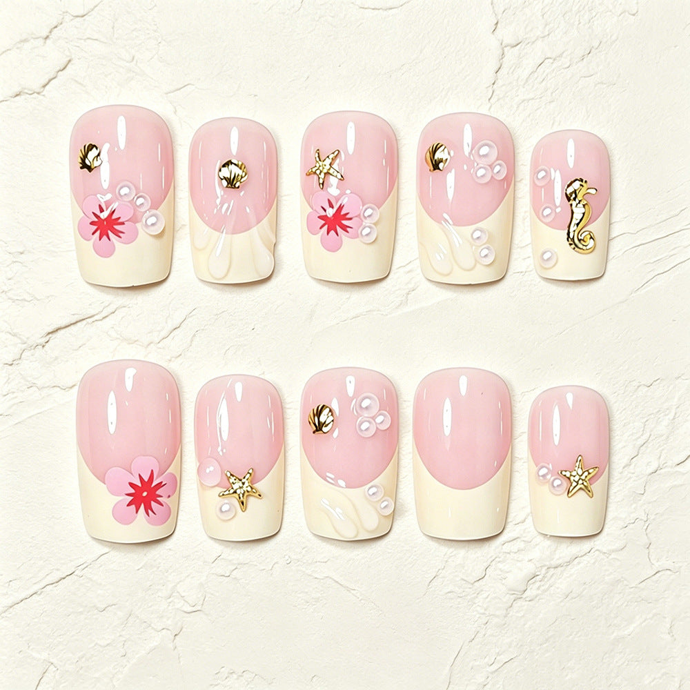 Tropische Muschel- und Blumen-Press-On-Nagelkunst Brehn