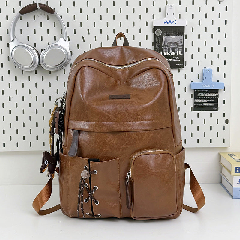 Multi-Taschen Leder Schulrucksack