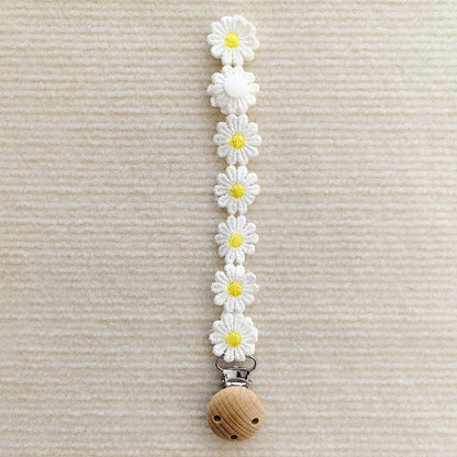 Florale Häkel-Schnullerhalter mit Holz-Sicherheitsclip