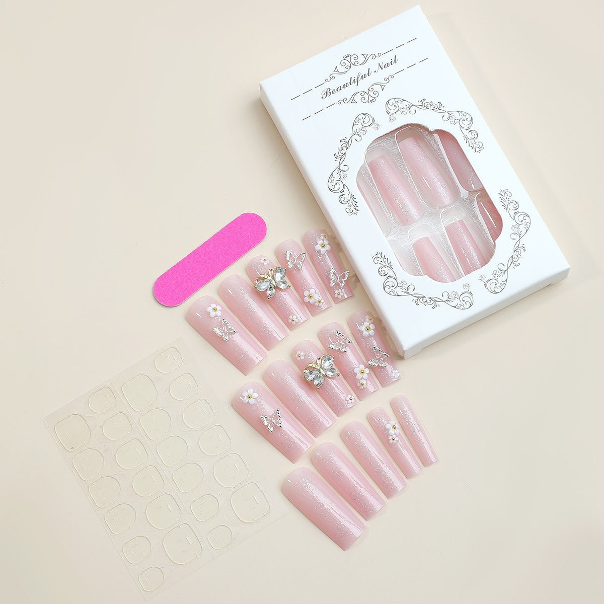 Kunstnagelset mit eleganten 3D-Blüten und Glitzerdetails Brehn