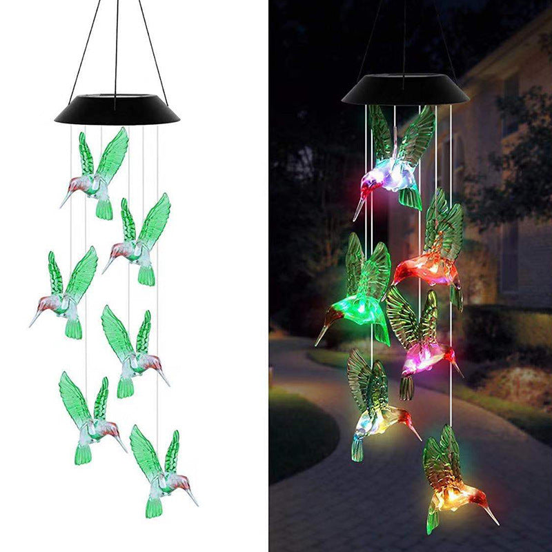 Solarbetriebene hängende Kolibri-LED-Windglocke mit farbwechselnden RGB-Acrylvögeln und wetterfestem Oberteil Brehn