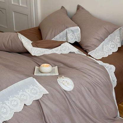 Rüsch Lace-Trim Baumwolle Duvet Cover Bettwäsche Set mit gewelltem gesticktem Saum