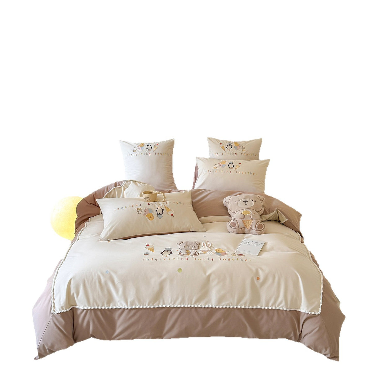 Besticktes Baumwollsatin Bettbezug-Set mit Pom-Pom-Bordüre und passenden Kissenbezügen