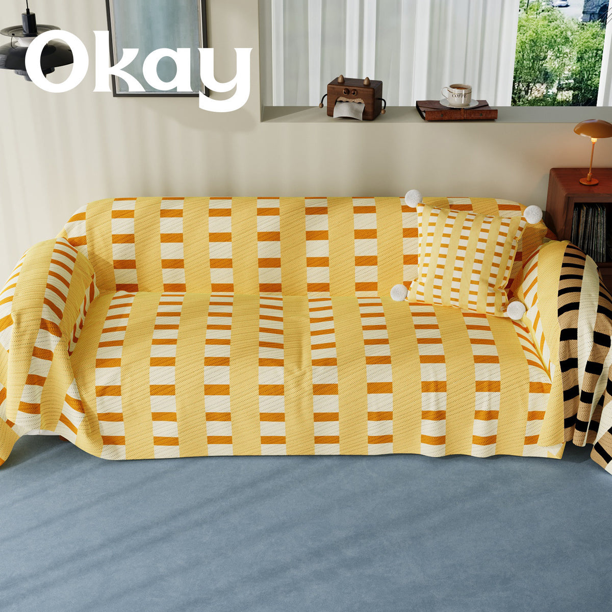 Stretch-Fit Quilted Sofa Slipcover with Pom-Pom Accent Pillowcase