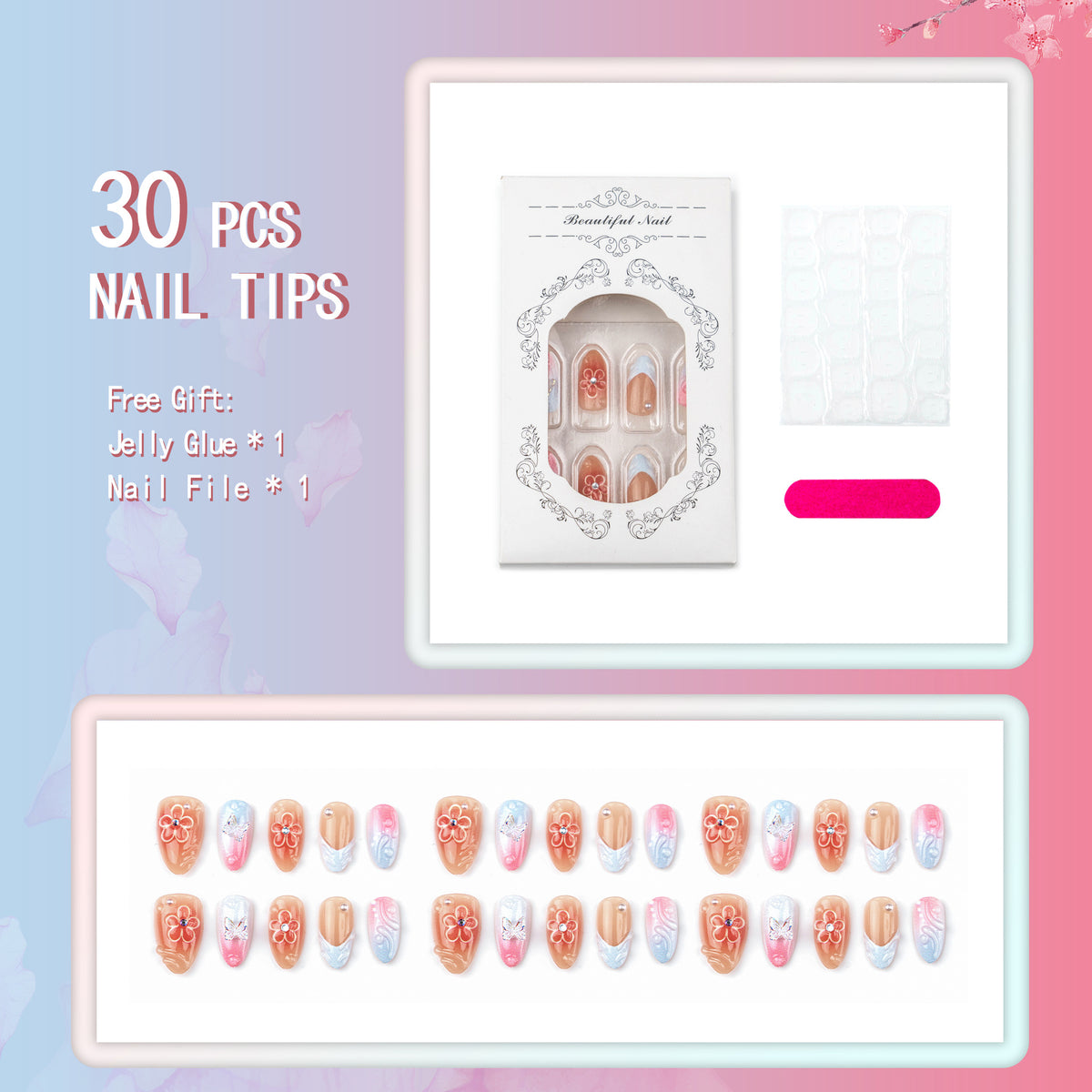 Handgefertigtes Press-On-Nagel-Set mit Blumen- und Schmetterlingsdesigns