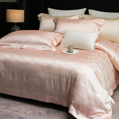 Seiden-Feel Jacquard Satin Bettbezug Set mit geprägt floralem Rand