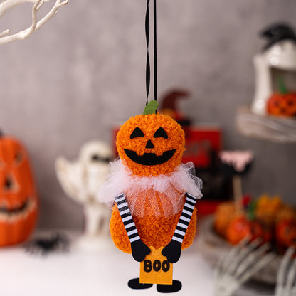 Halloween-Hängedekoration Plüschkürbis mit Tüllkragen und Bandaufhängung