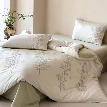 Seiden-Effekt Botanisch Besticktes Bettbezug-Set mit Micro-Satin Rückseite