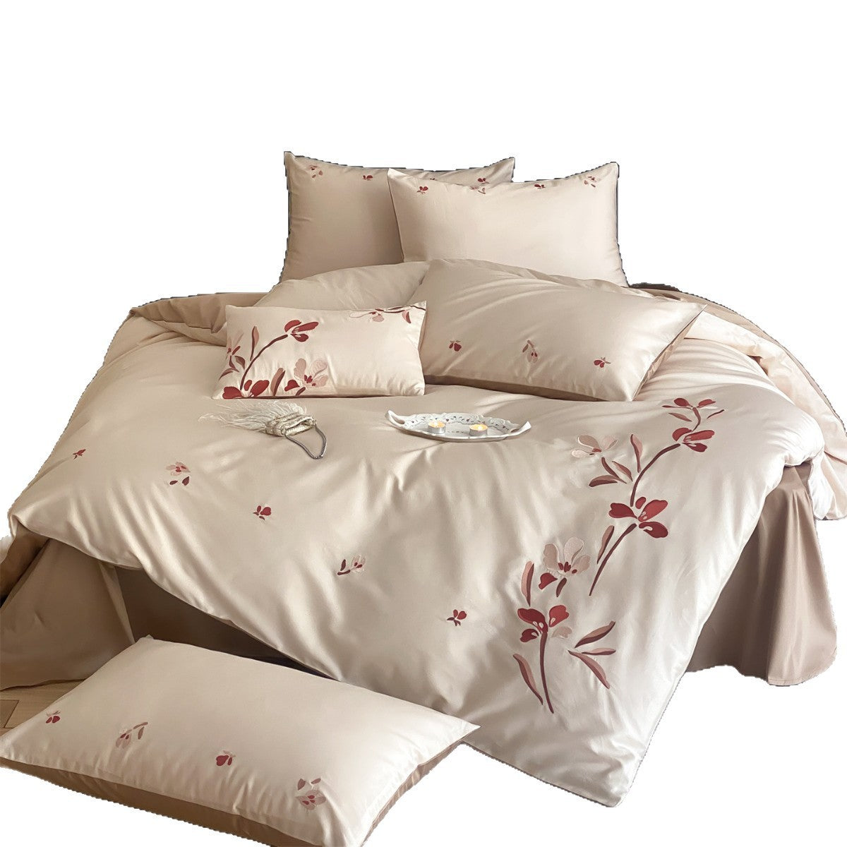 Luxuriöse Satin Floral Gestickte Bettdeckenbezug und Kissenbezug Set