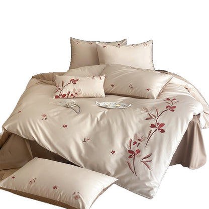 Luxuriöse Satin Floral Gestickte Bettdeckenbezug und Kissenbezug Set