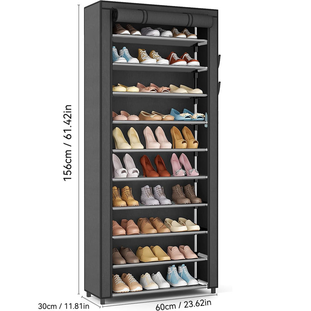 hoher vertikaler Schuhschrank mit aufrollbarem Schutzdeckel und klaren Regalplatten Brehn