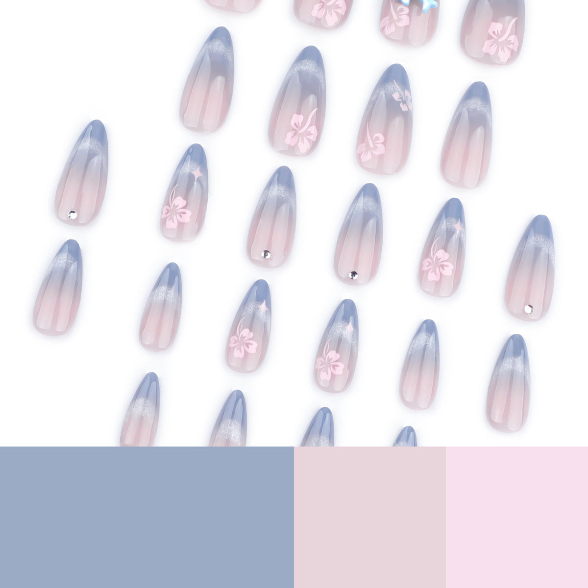 Kunstvolle Nagelverlängerungen mit elegantem Ombré-Design und floralen Akzenten Brehn