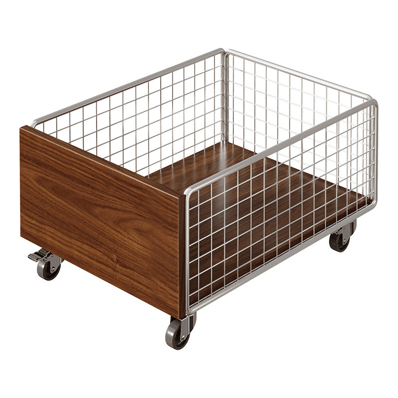 Mobile Drahtgitterlagerkiste mit Walnuss-Holzseite und verriegelbaren Schwenkrollen