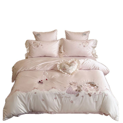 Luxuriöses besticktes Bettwäscheset aus Baumwollsatin mit Rüschen und Märchenmotiv Brehn