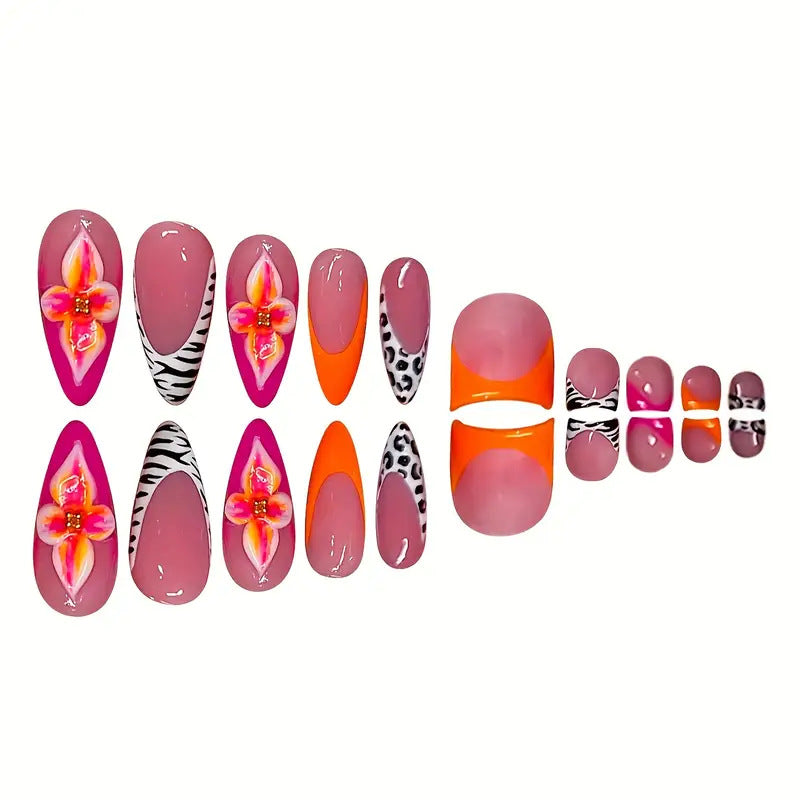 Künstlerisches Blumen- und abstraktes Press-On-Nagelset Brehn