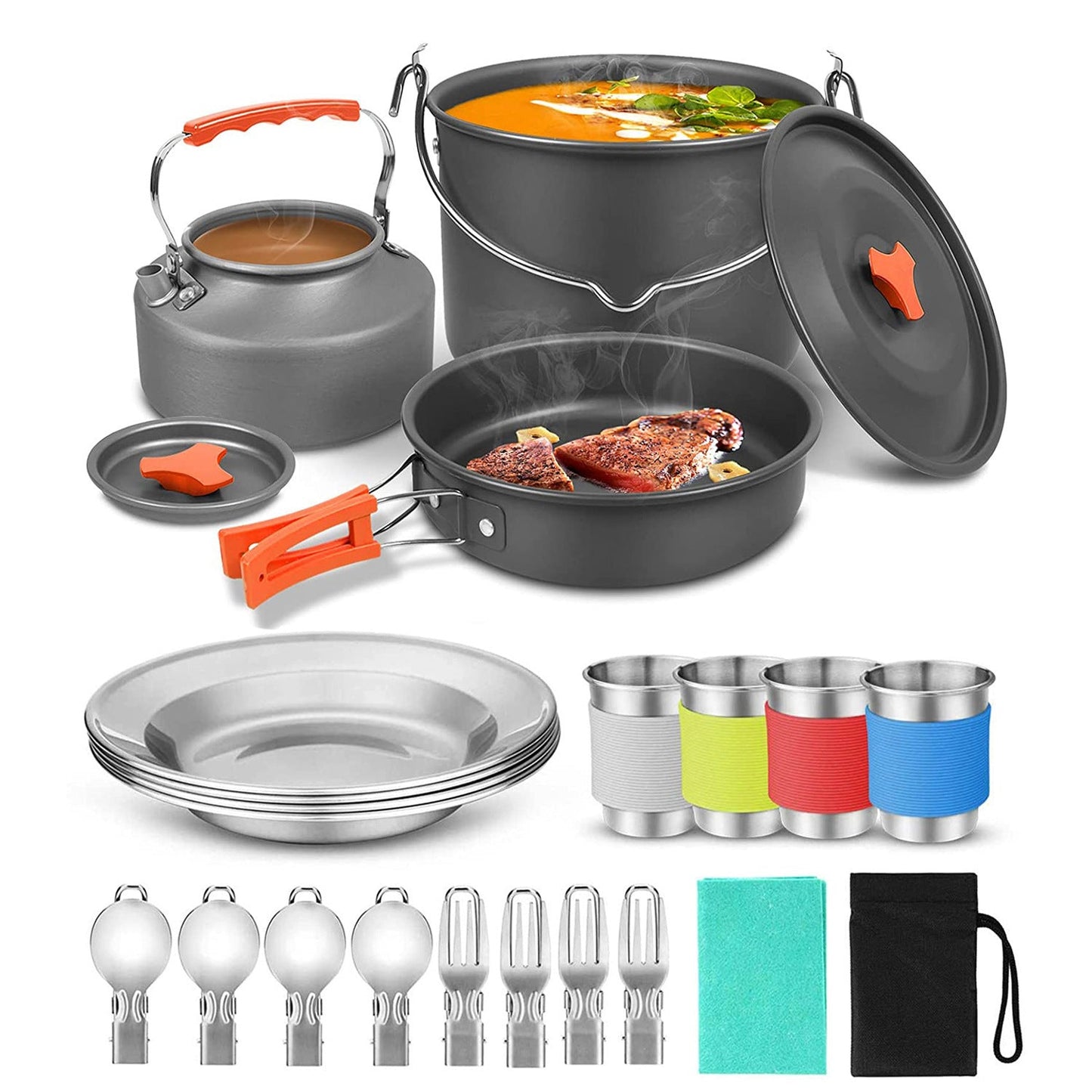 kompakte stapelbare anodisierte Aluminium-Campinggeschirrset mit Wasserkocher, antihaftbeschichteten Töpfen, Bratpfanne, faltbarem Waschbecken, Edelstahlplatten, Tassen Brehn