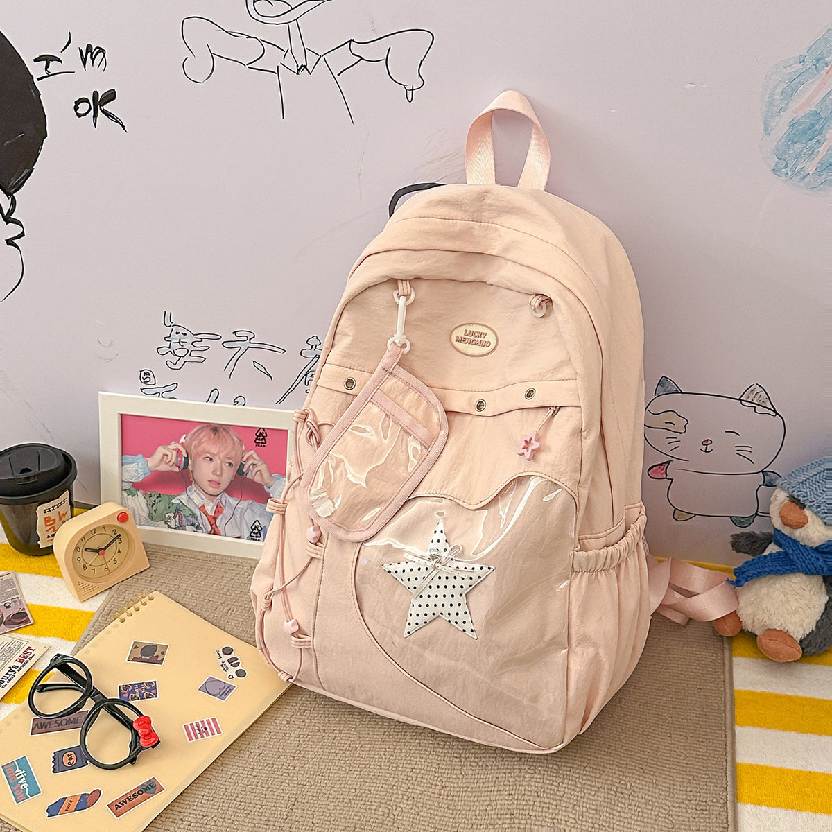Stylische Multi-Taschen Stern-Applikation Rucksack Brehn