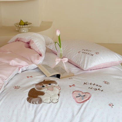 Kinder-Bettwäsche-Set mit besticktem Teddybär-Motiv und wendbarem Baumwollsatin