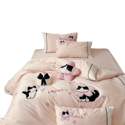 Baumwollsatin bestickte Katzen Bettbezug Set