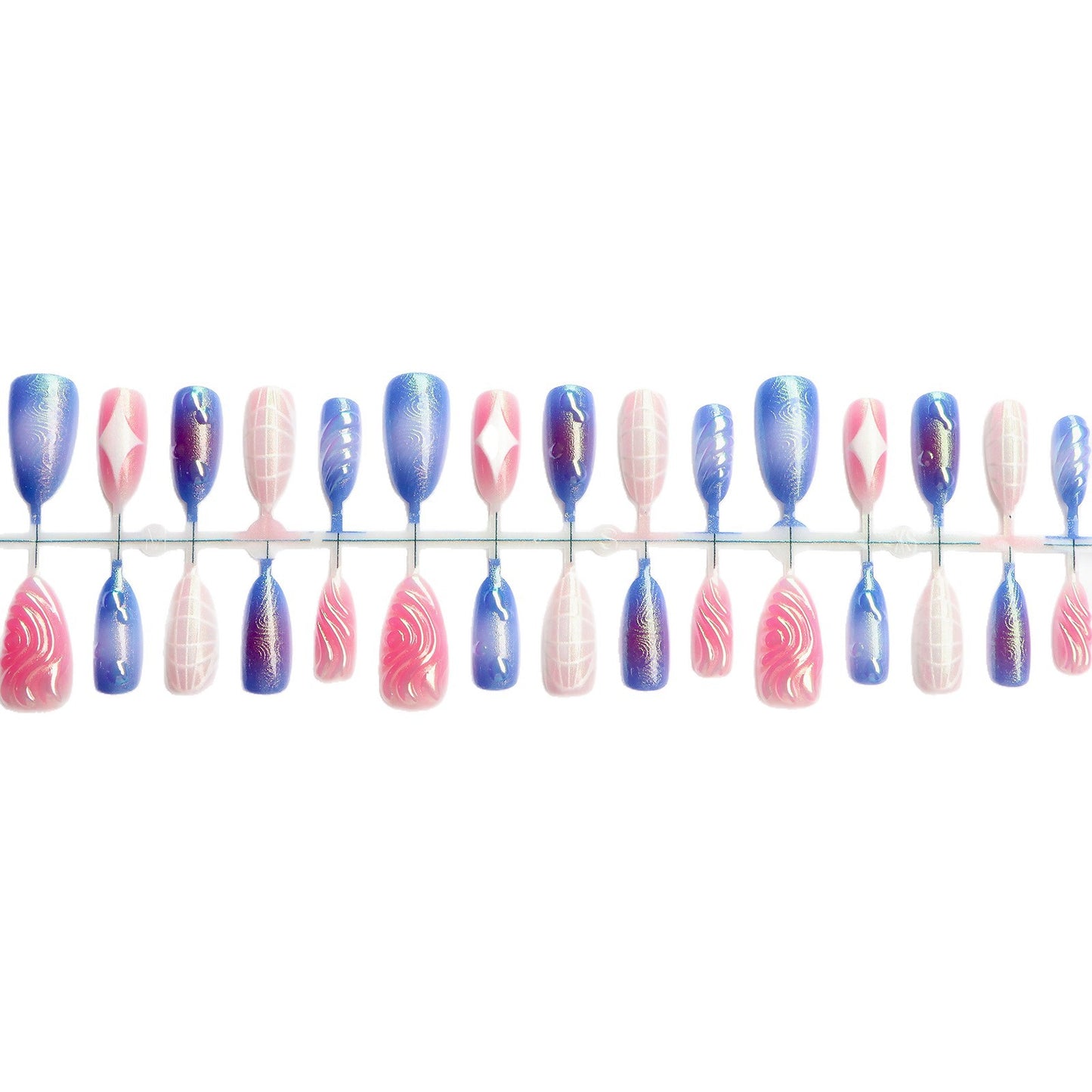 Dekoratives Press-On Nagelkunst-Set mit irisierenden und abstrakten Designs Brehn