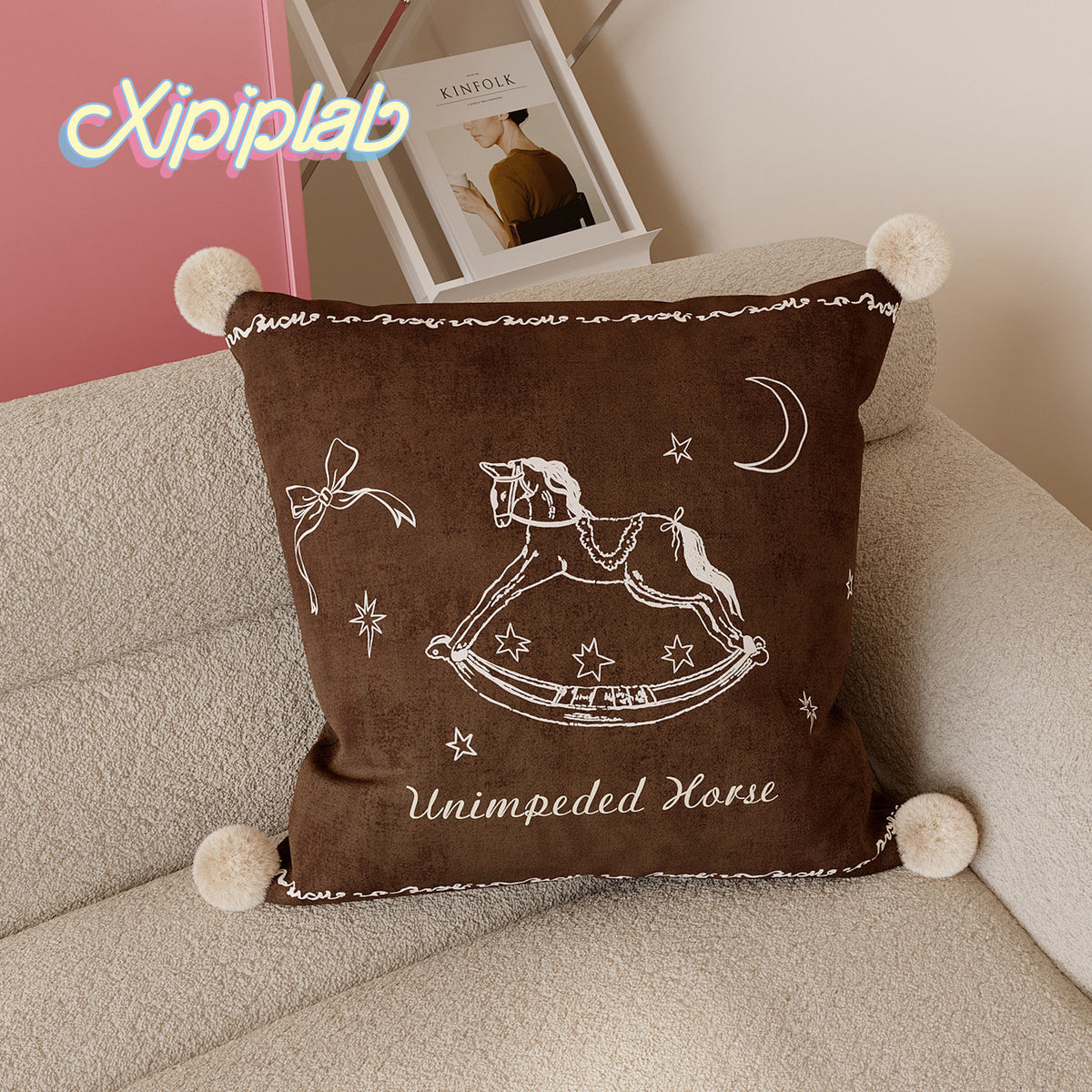 Velvet Pom-Pom Corner Decorative Throw Pillow Cover with Hand-Drawn Rocking Horse Motif