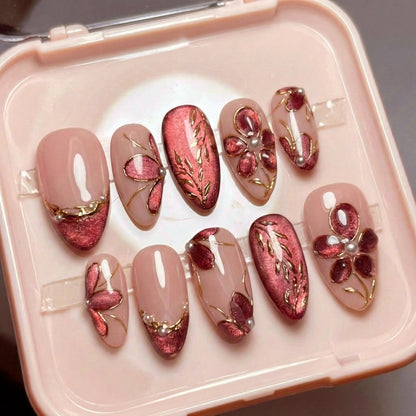 Elegantes florales verziertes Press-On-Nagelkunstset Brehn