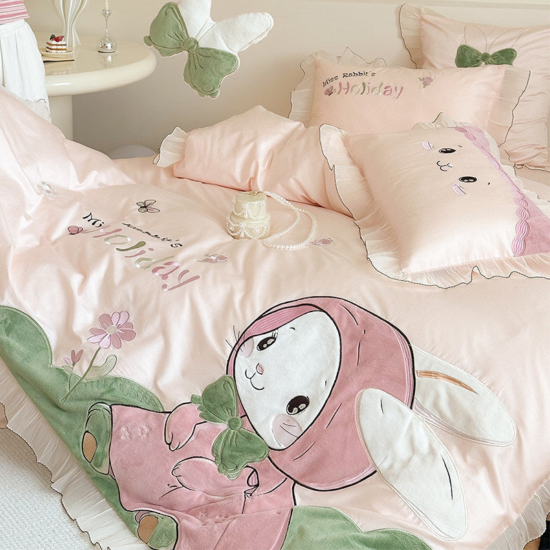 Rabbit Appliqué Baumwollsateen Bettbezugset mit Plüschakzenten