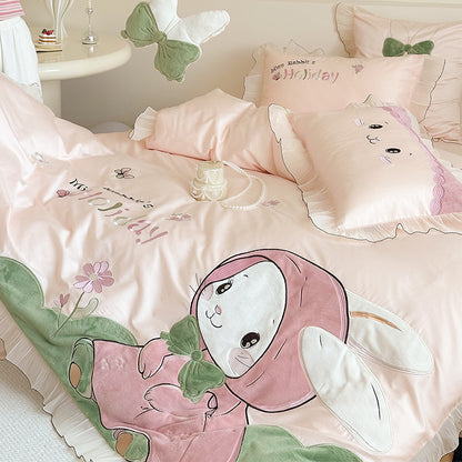 Rabbit Appliqué Baumwollsateen Bettbezugset mit Plüschakzenten