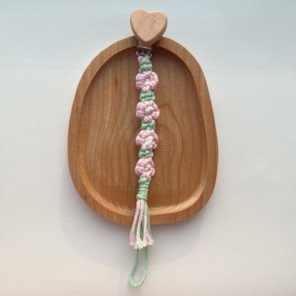 Baumwolle Häkelblumen Schnuller und Beißring Clip mit Holz Herz Sicherheitsclip