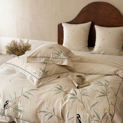 Naturlinen Bestickte Botanische Bettbezug Set mit Handgezeichnetem Vogelmotiv
