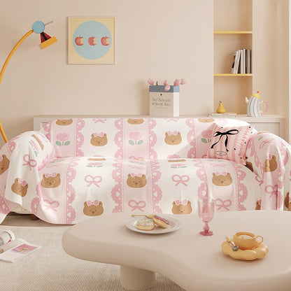 Reversible Stretch Sofa Slipcover with Pastel Cartoon Patchwork Texture