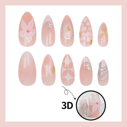 Kunstnagelset mit romantischen Blumen- und eleganten Design-Elementen Brehn