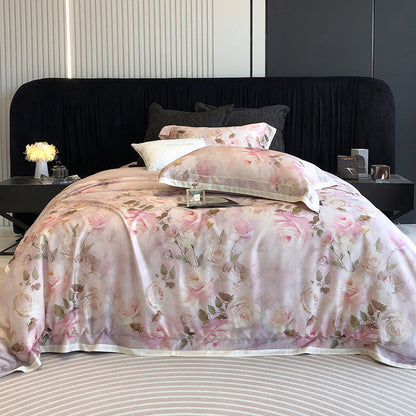 Luxuriöses Baumwollsatin-Bettwäsche-Set mit Aquarell-Rosenmuster und Satin-Bordüre