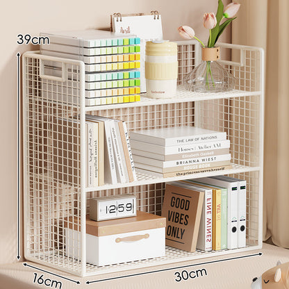 Kompakte Zwei-Ebenen-Mesh-Schreibtischablage mit integrierten Seitengriffen und offenes Gitterdesign