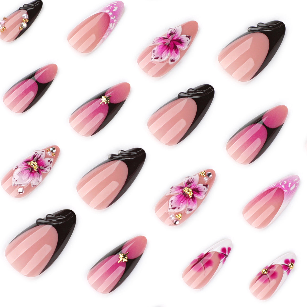 Kunstvolle Stiletto-Nägel mit blühendem Design und Glitzerakzenten Brehn