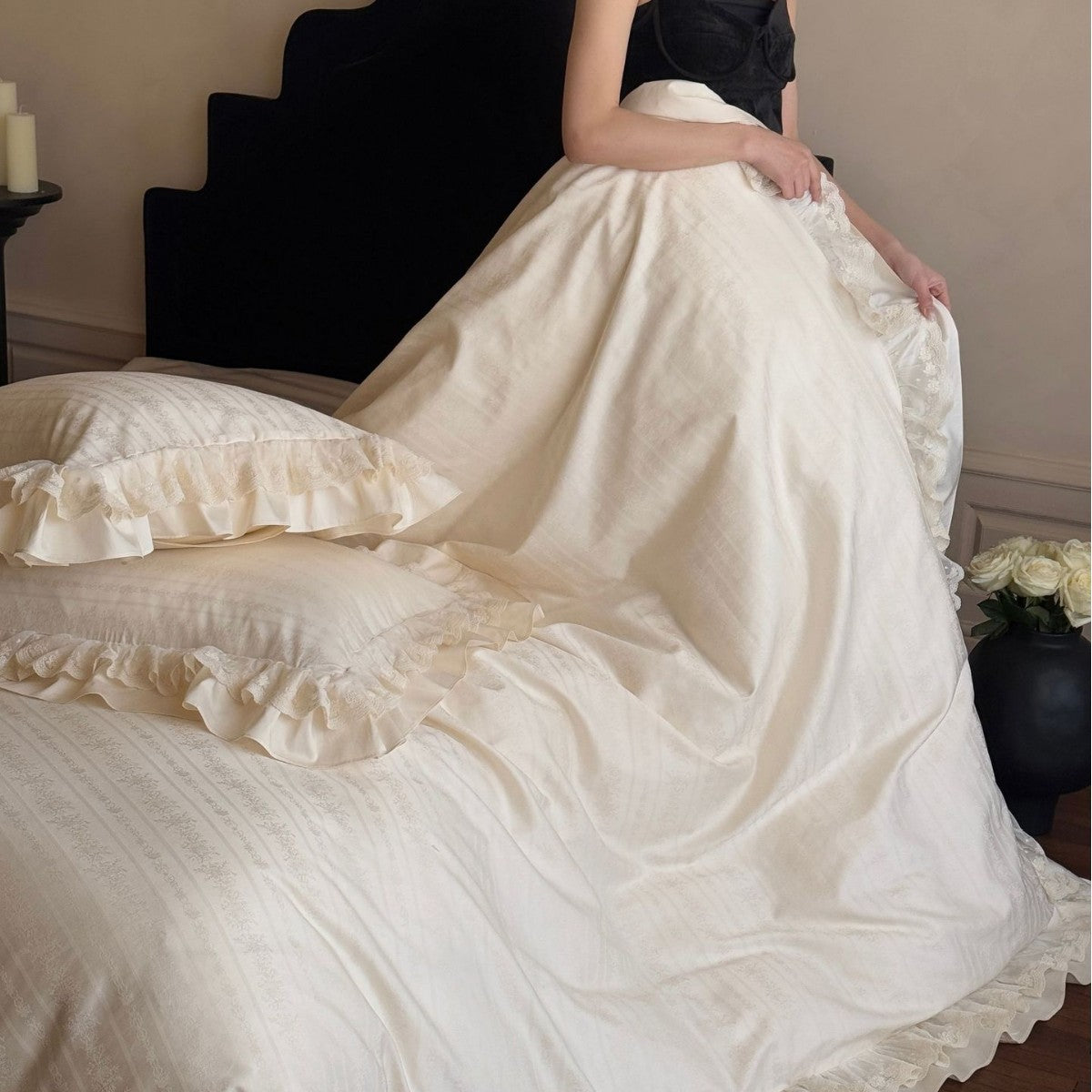 Vintage-inspiriertes Rüschensatin-Jacquard-Bettbezug-Set