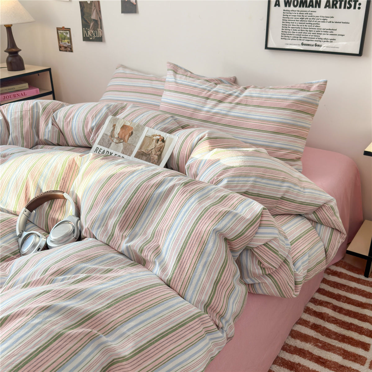 Gestreiftes Baumwoll-Percale-Bettbezug-Set mit Umschlagkissenbezügen