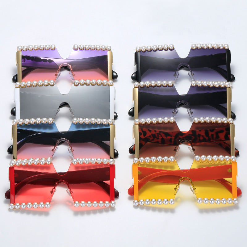 Damen extravagante Rechteck-Sonnenbrille mit Perlenschmuck und UV-Schutz Brehn