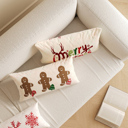 Rectangular Festive Lumbar Pillow Cover with Merry Christmas Typographic Print and Reindeer Antler Accent