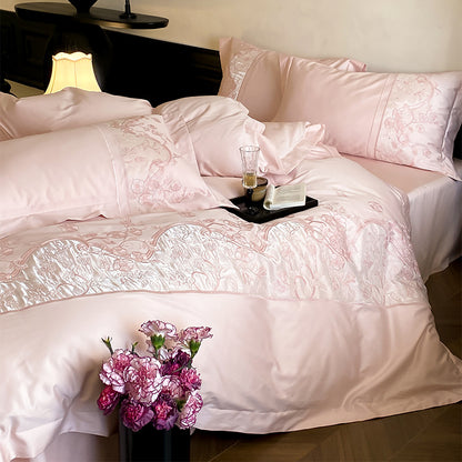 Luxuriöser bestickter Satin Bettbezug Bettwäsche Set
