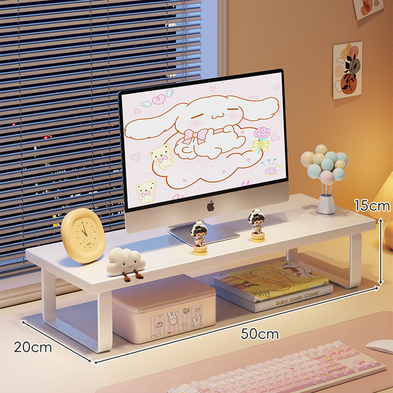 Erhöhter Monitorständer mit Holz-Optik-Oberfläche, Metallrahmen und Unterregal-Stauraum