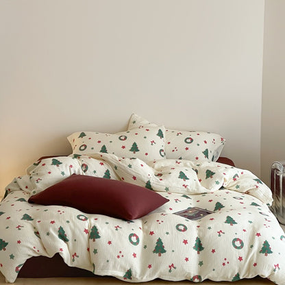 Festliches Baumwoll-Bettwäsche-Set mit gecrinkter Struktur und Weihnachtsmotiv