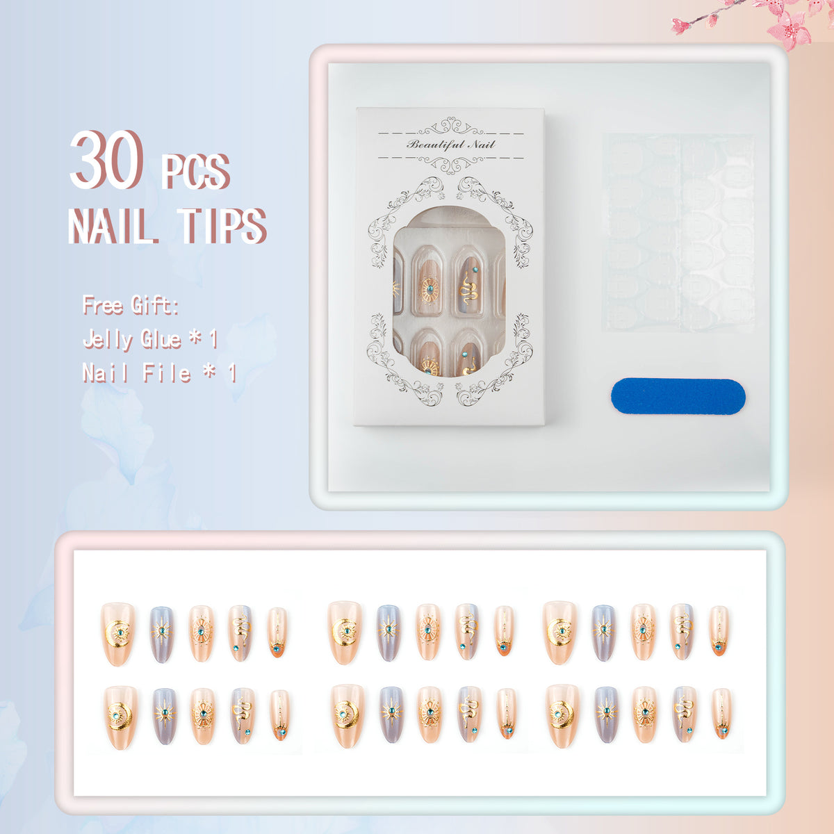 Dekorativen Press-On Nagelset mit himmlischen Designs